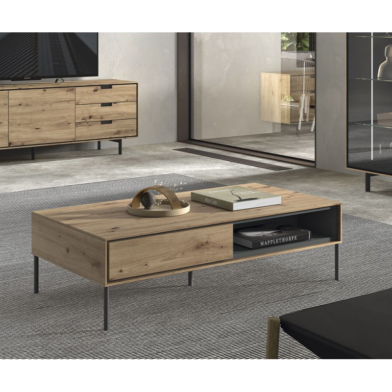 MESA CENTRO CON CAJONES Y PATAS METÁLICAS